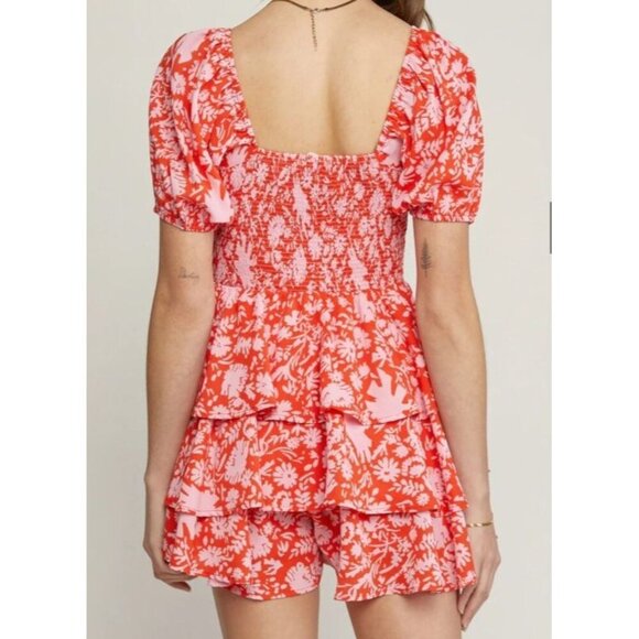 Entro Red Pink Floral Y2K Romper M Boho Romantic Grunge Festival Tiered Ruffle - Picture 3 of 11